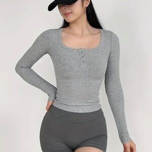 100% cotton slim fit Gray Long Sleeve Women's henley Top sweater